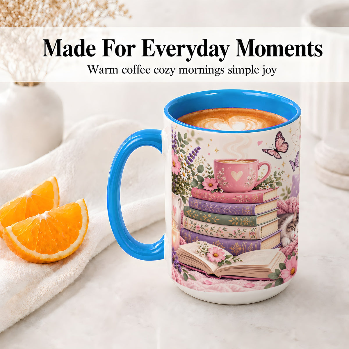 #pl[15oz|Blue] Cozy Reading Cat Floral Ceramic Mug