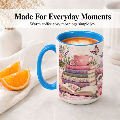 #pl[15oz|Blue] Cozy Reading Cat Floral Ceramic Mug