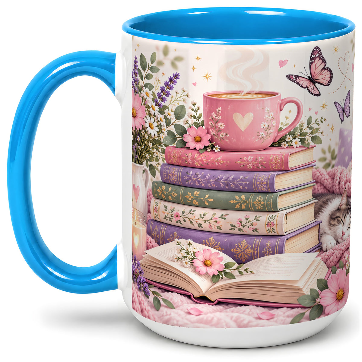 #pl[15oz|Blue] Cozy Reading Cat Floral Ceramic Mug