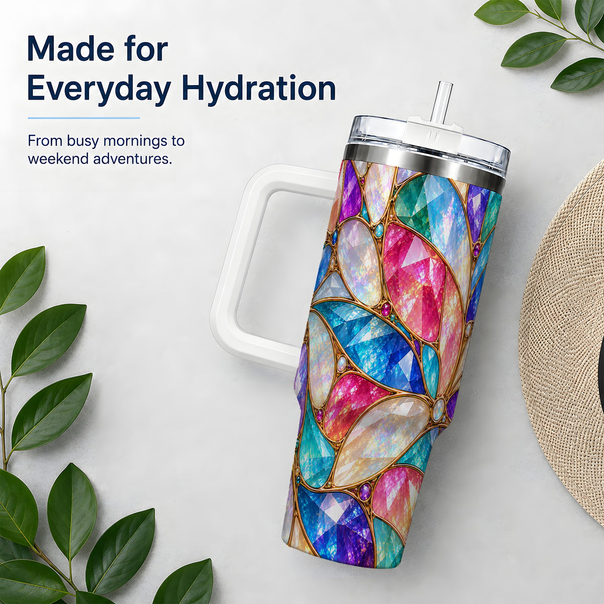 Colorful Geometric Mosaic 40oz Tumbler, Faceted Abstract Drinkware