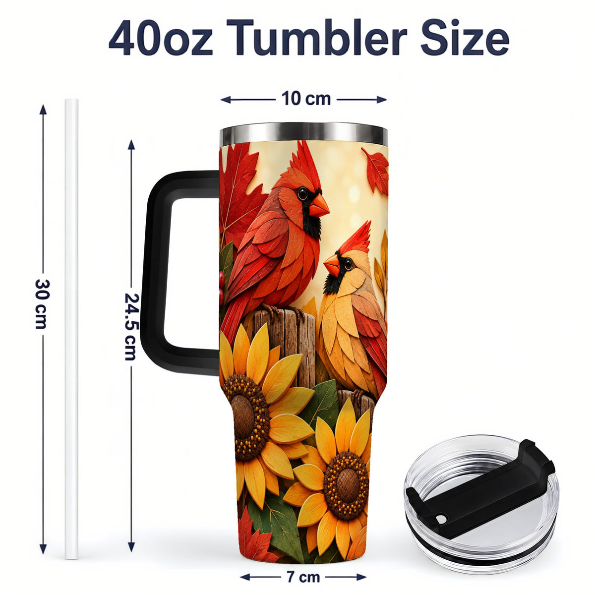 #pl[40oz|Black] Autumn Cardinal 40oz Tumbler, Sunflower Fall Drinkware for Bird Lovers