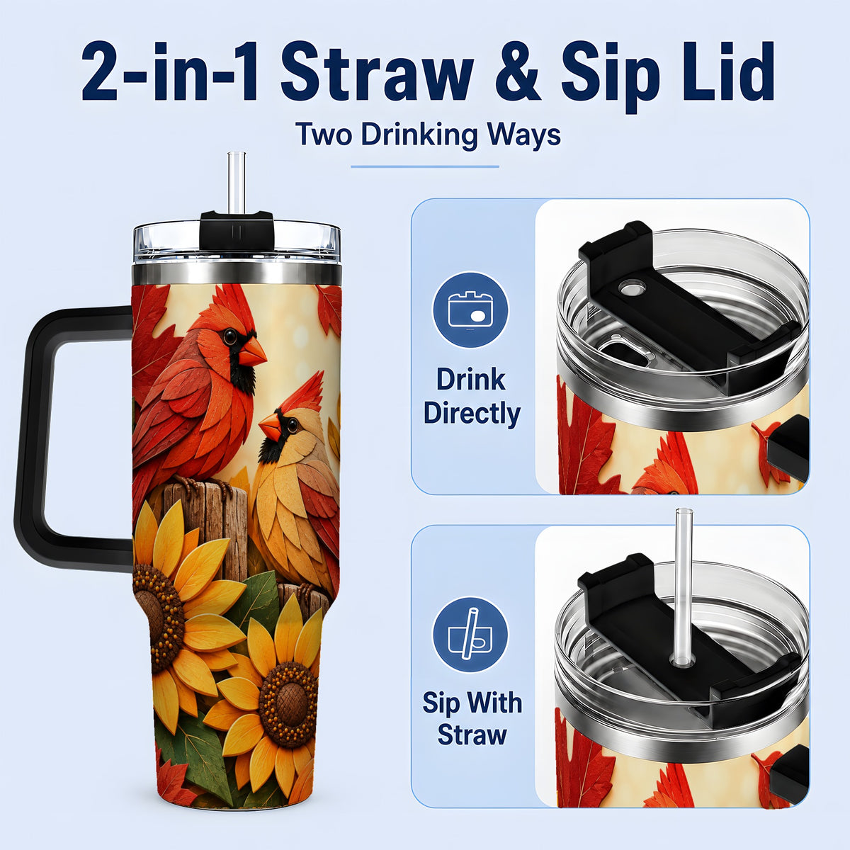 #pl[40oz|Black] Autumn Cardinal 40oz Tumbler, Sunflower Fall Drinkware for Bird Lovers