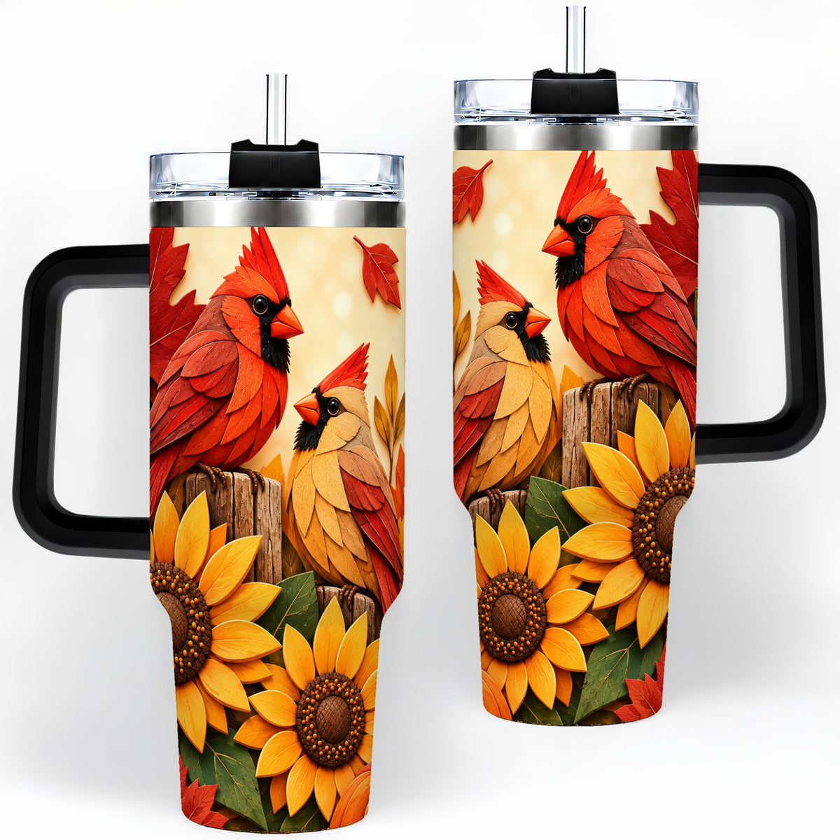 #pl[40oz|Black] Autumn Cardinal 40oz Tumbler, Sunflower Fall Drinkware for Bird Lovers
