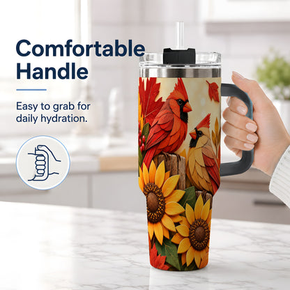 #pl[40oz|Black] Autumn Cardinal 40oz Tumbler, Sunflower Fall Drinkware for Bird Lovers