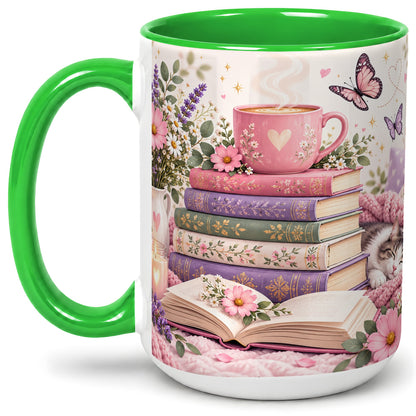 #pl[15oz|Green] Cozy Reading Cat Floral Ceramic Mug