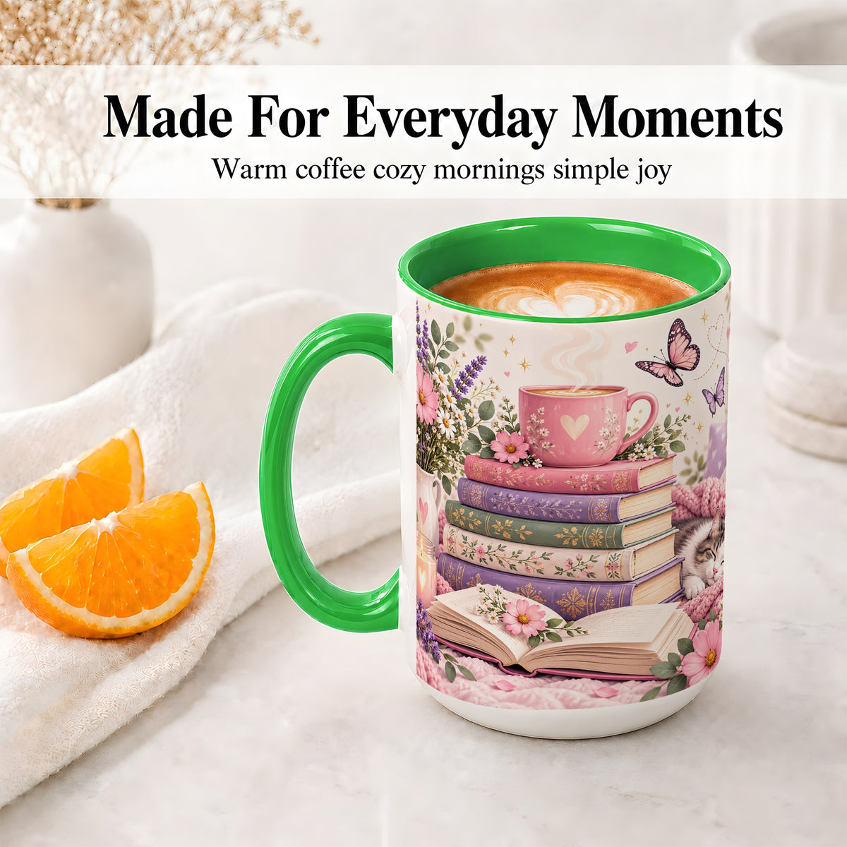 #pl[15oz|Green] Cozy Reading Cat Floral Ceramic Mug