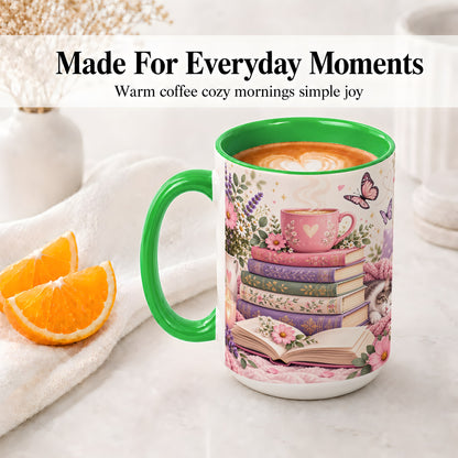 #pl[15oz|Green] Cozy Reading Cat Floral Ceramic Mug