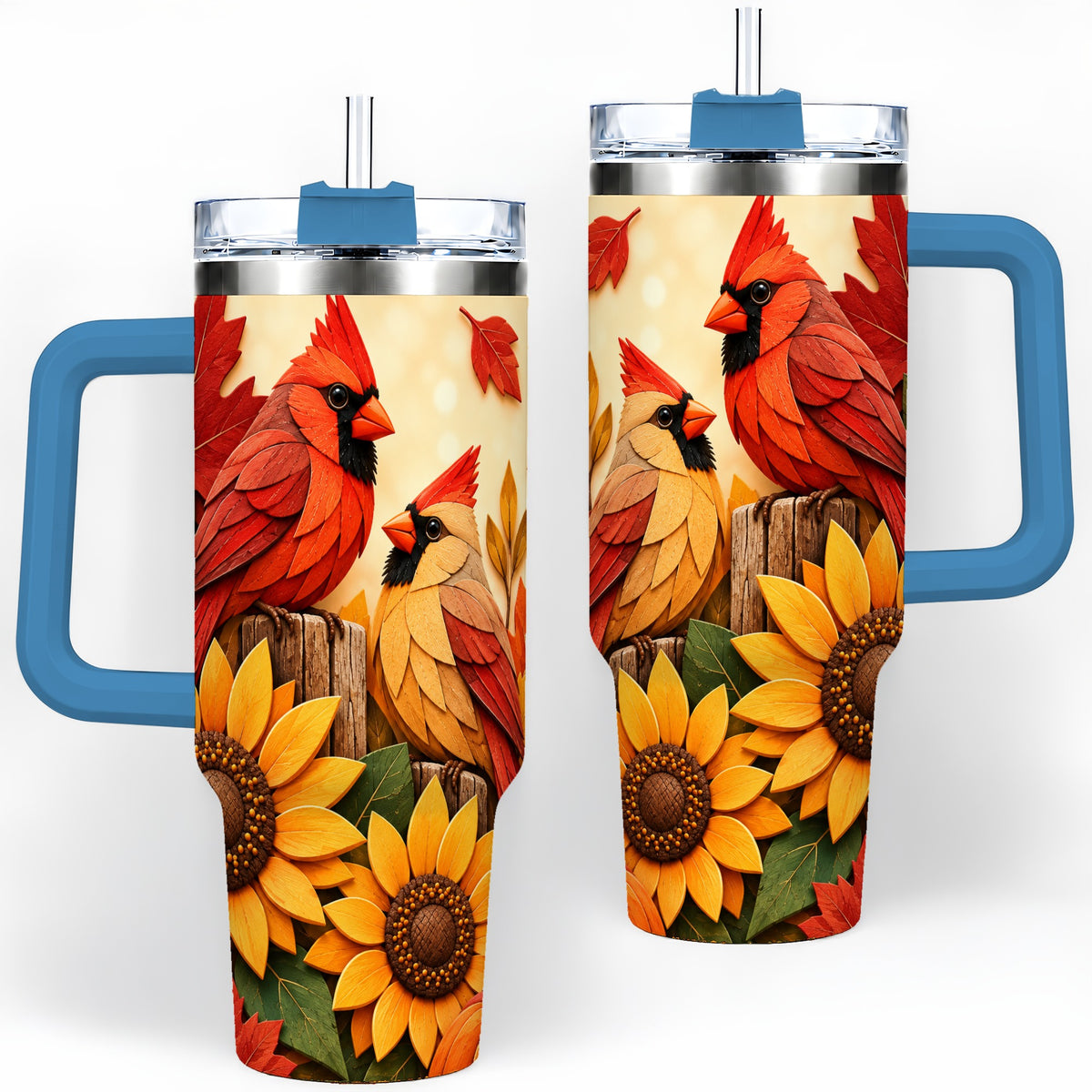 #pl[40oz|Blue] Autumn Cardinal 40oz Tumbler, Sunflower Fall Drinkware for Bird Lovers