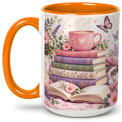#pl[15oz|Orange] Cozy Reading Cat Floral Ceramic Mug