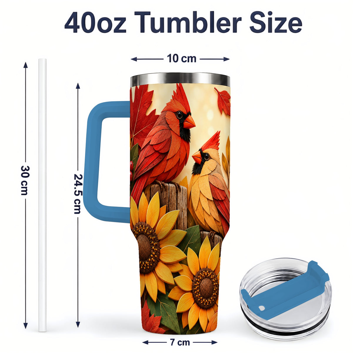 #pl[40oz|Blue] Autumn Cardinal 40oz Tumbler, Sunflower Fall Drinkware for Bird Lovers