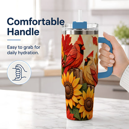 #pl[40oz|Blue] Autumn Cardinal 40oz Tumbler, Sunflower Fall Drinkware for Bird Lovers