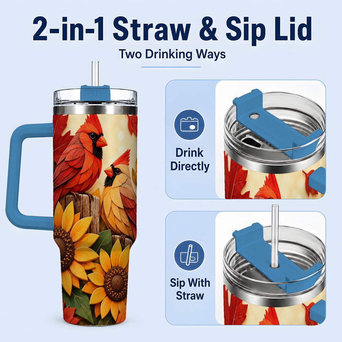 #pl[40oz|Blue] Autumn Cardinal 40oz Tumbler, Sunflower Fall Drinkware for Bird Lovers