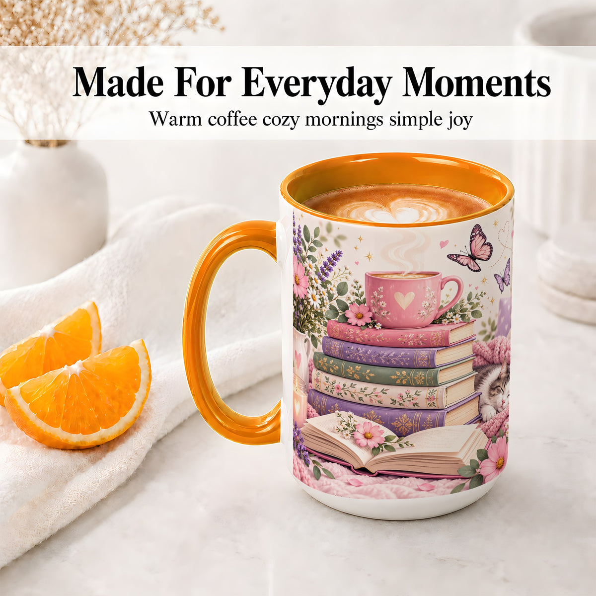 #pl[15oz|Orange] Cozy Reading Cat Floral Ceramic Mug