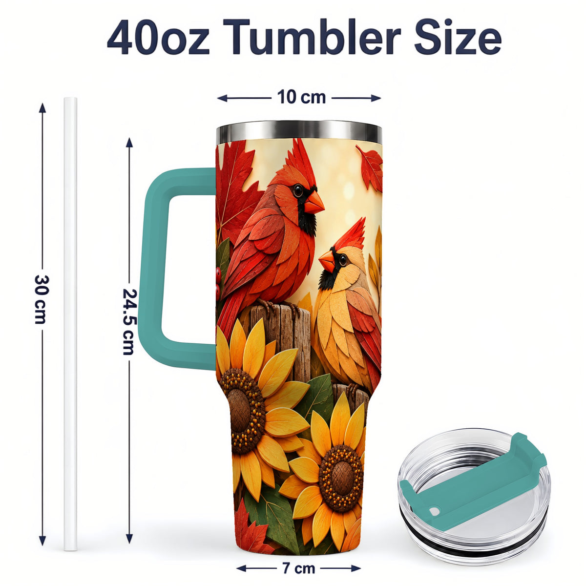 #pl[40oz|Green] Autumn Cardinal 40oz Tumbler, Sunflower Fall Drinkware for Bird Lovers