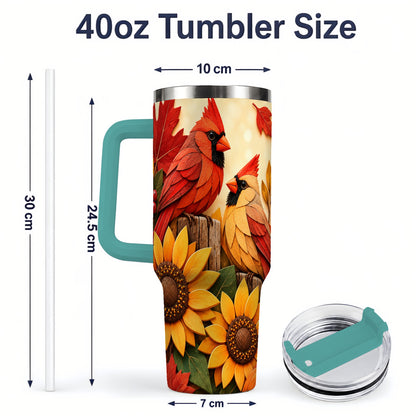 #pl[40oz|Green] Autumn Cardinal 40oz Tumbler, Sunflower Fall Drinkware for Bird Lovers