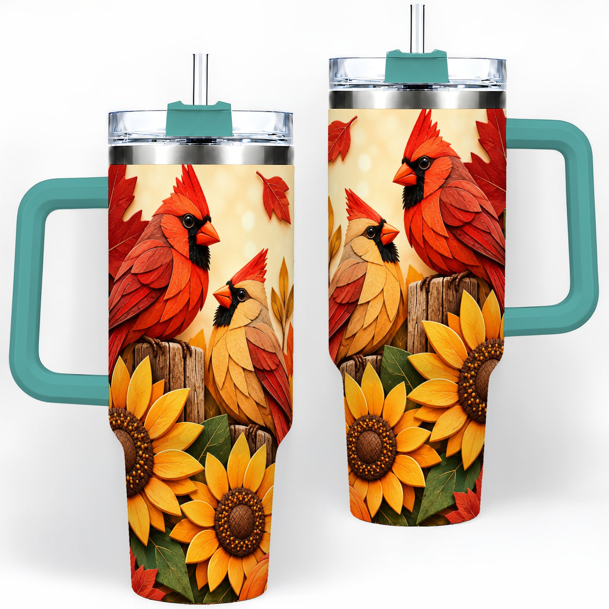 #pl[40oz|Green] Autumn Cardinal 40oz Tumbler, Sunflower Fall Drinkware for Bird Lovers