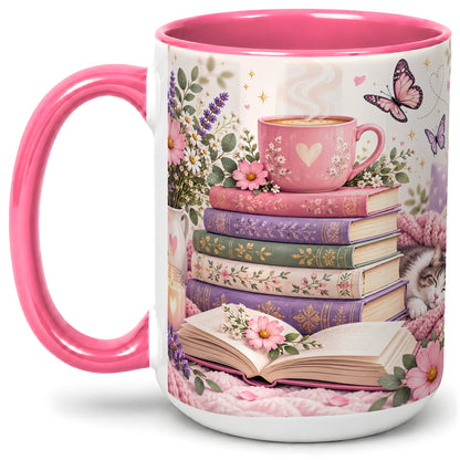 #pl[15oz|Pink] Cozy Reading Cat Floral Ceramic Mug