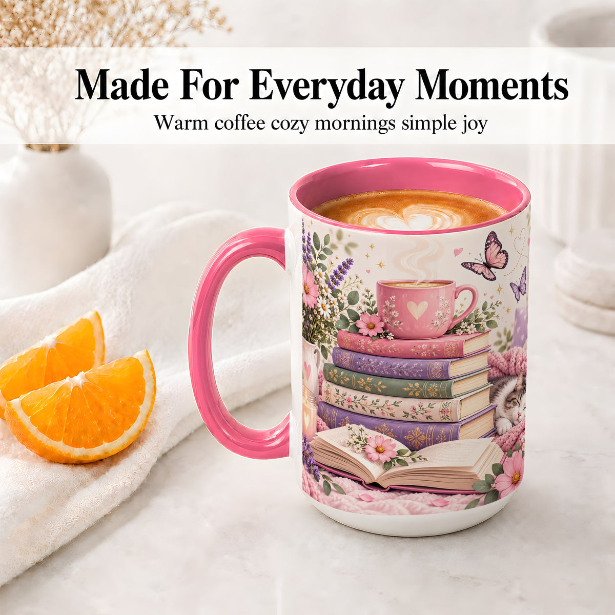 #pl[15oz|Pink] Cozy Reading Cat Floral Ceramic Mug