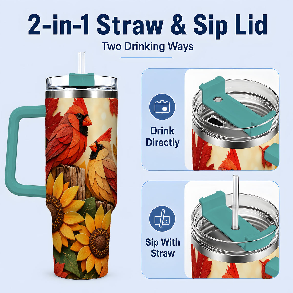 #pl[40oz|Green] Autumn Cardinal 40oz Tumbler, Sunflower Fall Drinkware for Bird Lovers