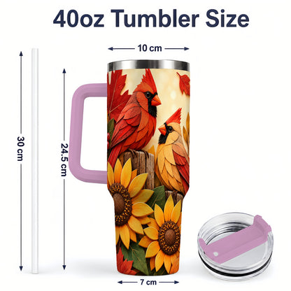 #pl[40oz|Pink] Autumn Cardinal 40oz Tumbler, Sunflower Fall Drinkware for Bird Lovers