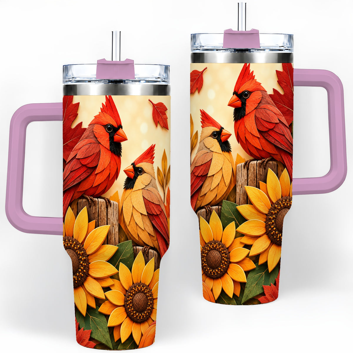 #pl[40oz|Pink] Autumn Cardinal 40oz Tumbler, Sunflower Fall Drinkware for Bird Lovers