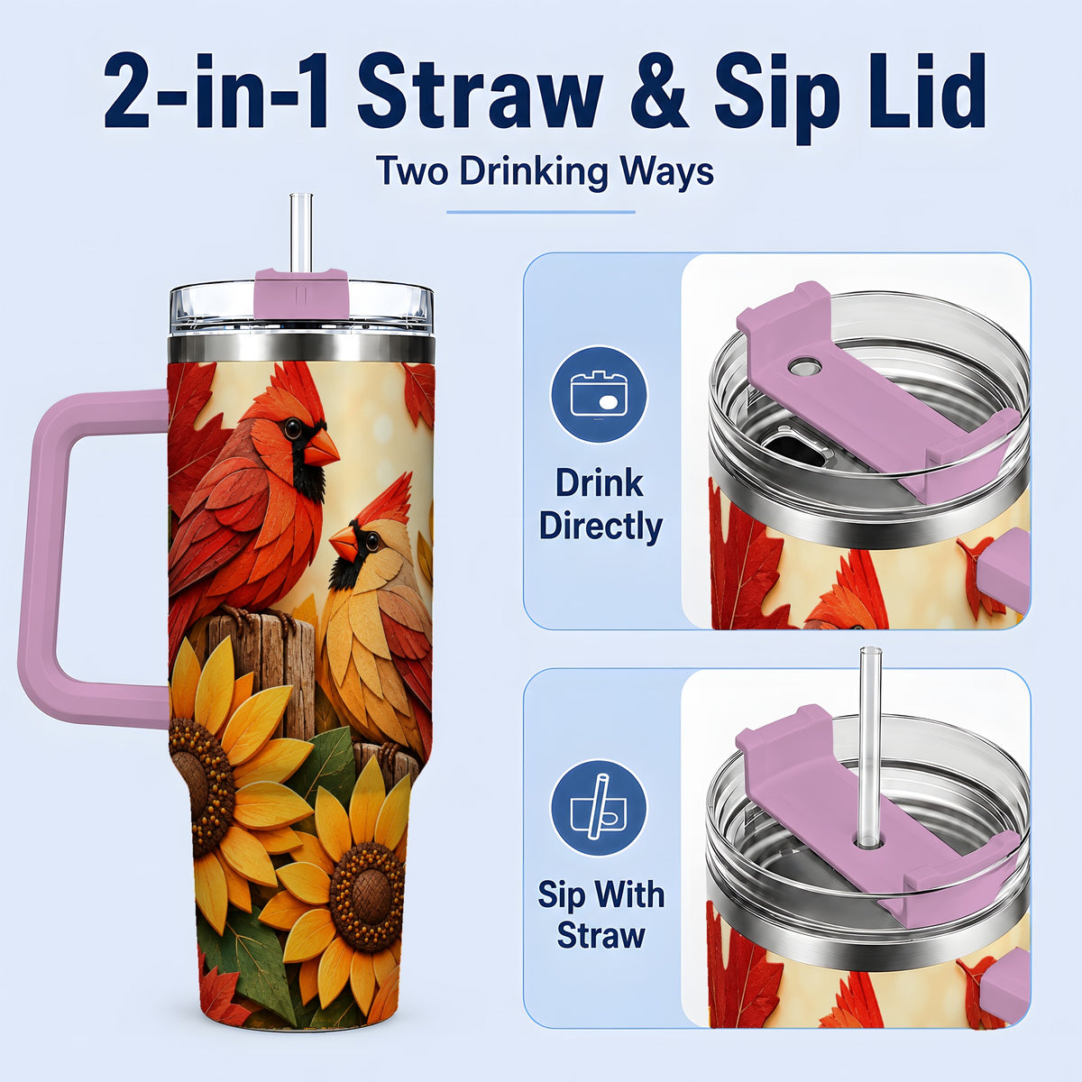#pl[40oz|Pink] Autumn Cardinal 40oz Tumbler, Sunflower Fall Drinkware for Bird Lovers
