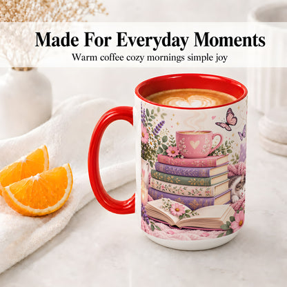 #pl[15oz|Red] Cozy Reading Cat Floral Ceramic Mug
