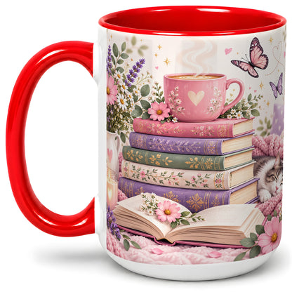 #pl[15oz|Red] Cozy Reading Cat Floral Ceramic Mug