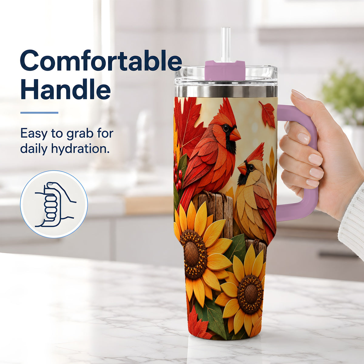 #pl[40oz|Pink] Autumn Cardinal 40oz Tumbler, Sunflower Fall Drinkware for Bird Lovers