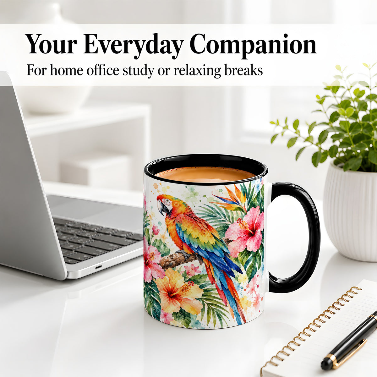 #pl[11oz|Black] Tropical Macaw Hibiscus Ceramic Mug for Bird Lovers