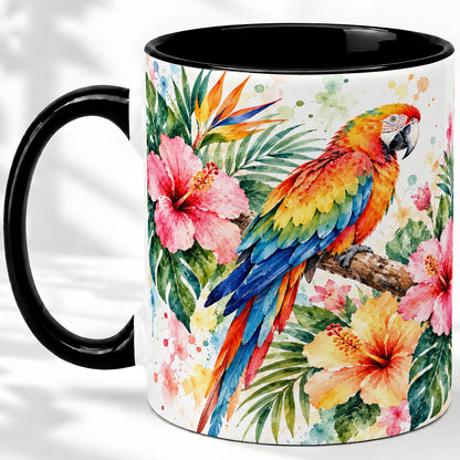 #pl[11oz|Black] Tropical Macaw Hibiscus Ceramic Mug for Bird Lovers