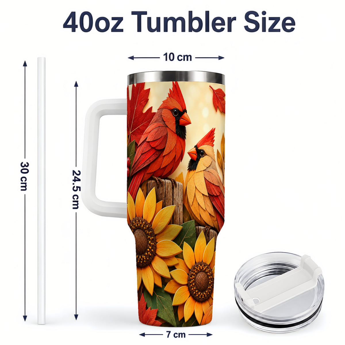 #pl[40oz|White] Autumn Cardinal 40oz Tumbler, Sunflower Fall Drinkware for Bird Lovers