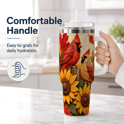 #pl[40oz|White] Autumn Cardinal 40oz Tumbler, Sunflower Fall Drinkware for Bird Lovers
