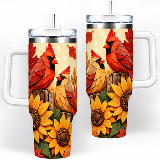Autumn Cardinal 40oz Tumbler, Sunflower Fall Drinkware for Bird Lovers