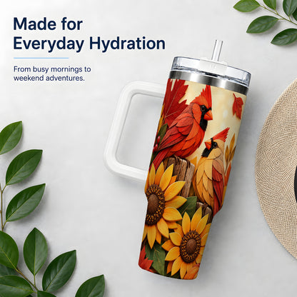 Autumn Cardinal 40oz Tumbler, Sunflower Fall Drinkware for Bird Lovers