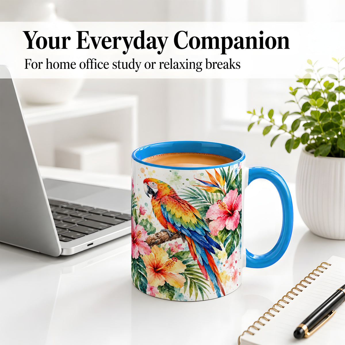 #pl[11oz|Blue] Tropical Macaw Hibiscus Ceramic Mug for Bird Lovers