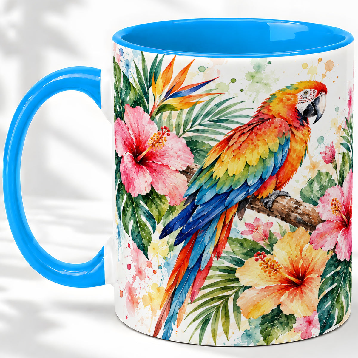 #pl[11oz|Blue] Tropical Macaw Hibiscus Ceramic Mug for Bird Lovers