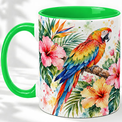 #pl[11oz|Green] Tropical Macaw Hibiscus Ceramic Mug for Bird Lovers