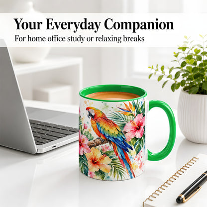 #pl[11oz|Green] Tropical Macaw Hibiscus Ceramic Mug for Bird Lovers