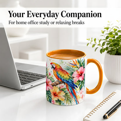 #pl[11oz|Orange] Tropical Macaw Hibiscus Ceramic Mug for Bird Lovers
