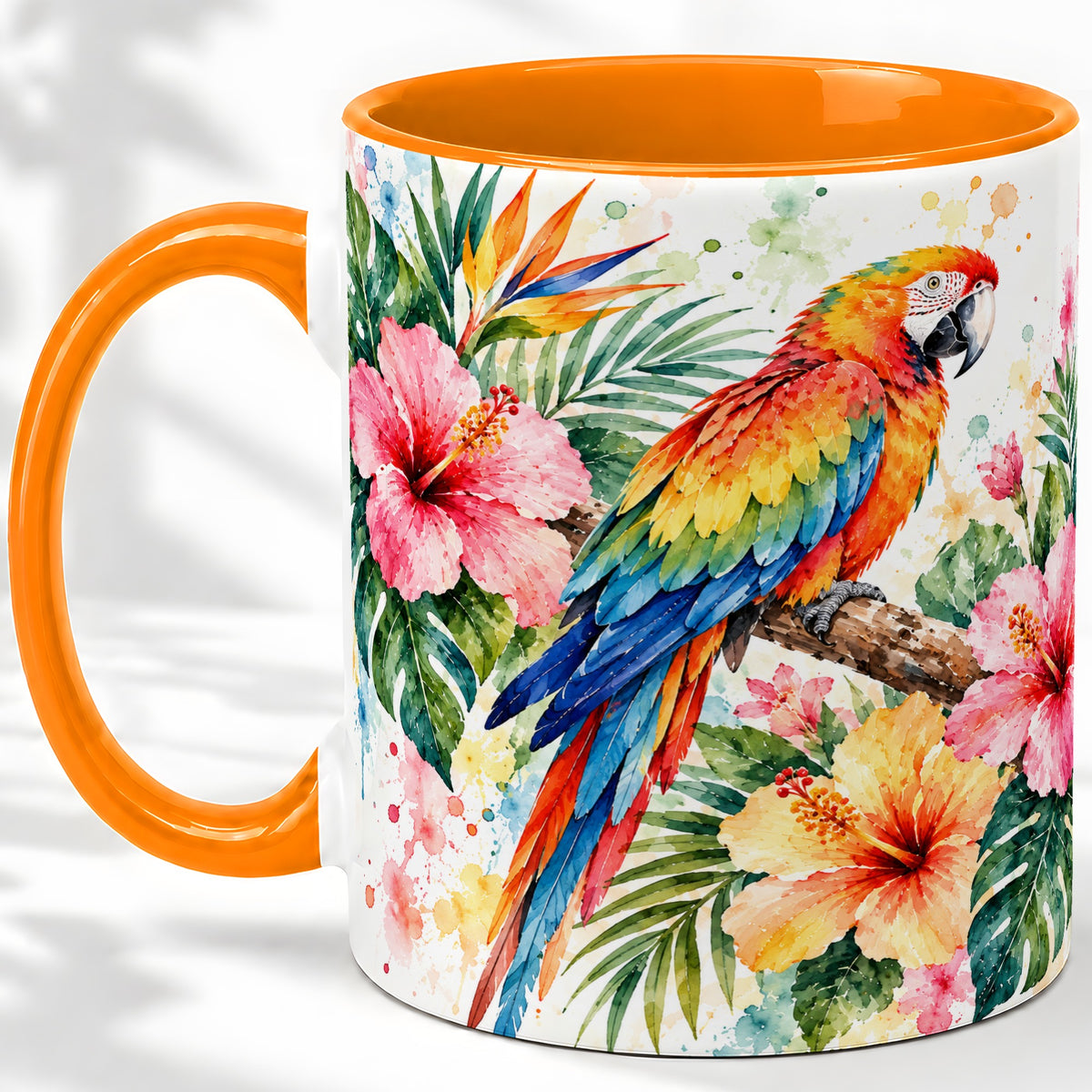 #pl[11oz|Orange] Tropical Macaw Hibiscus Ceramic Mug for Bird Lovers