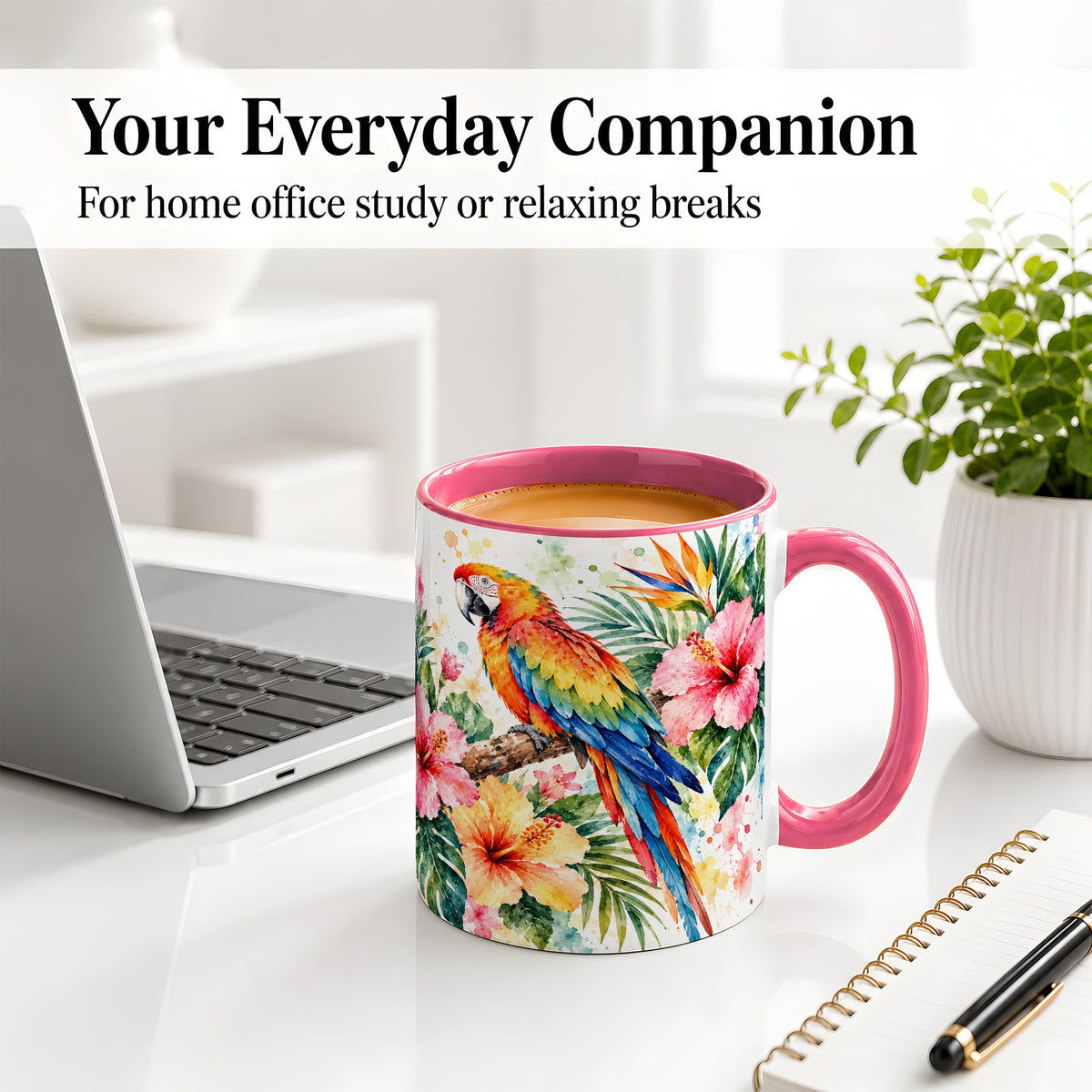 #pl[11oz|Pink] Tropical Macaw Hibiscus Ceramic Mug for Bird Lovers