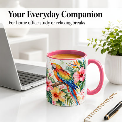 #pl[11oz|Pink] Tropical Macaw Hibiscus Ceramic Mug for Bird Lovers