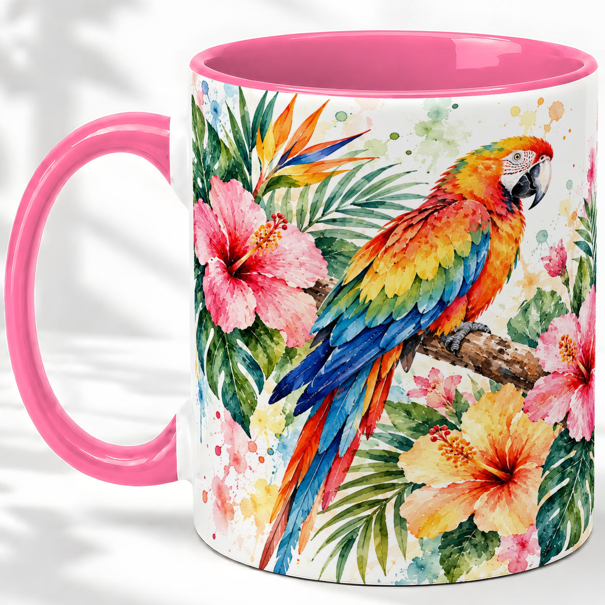#pl[11oz|Pink] Tropical Macaw Hibiscus Ceramic Mug for Bird Lovers