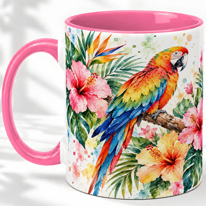 #pl[11oz|Pink] Tropical Macaw Hibiscus Ceramic Mug for Bird Lovers
