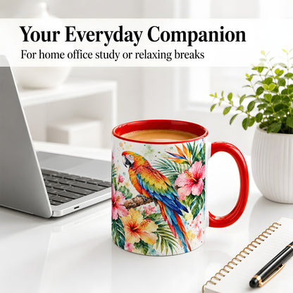 #pl[11oz|Red] Tropical Macaw Hibiscus Ceramic Mug for Bird Lovers