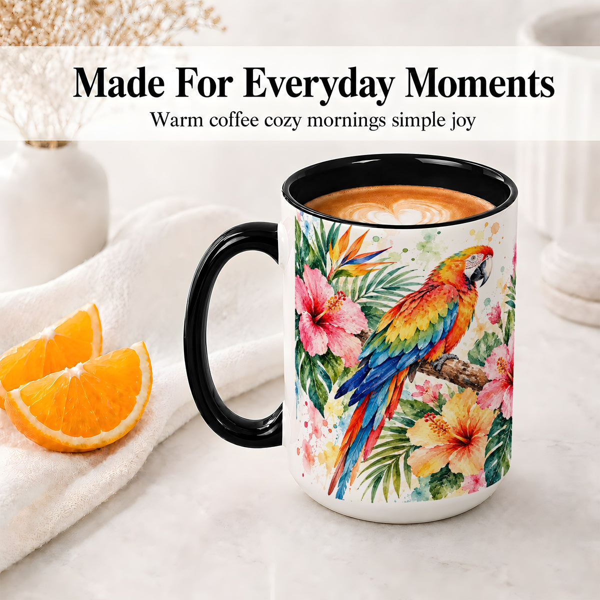 #pl[15oz|Black] Tropical Macaw Hibiscus Ceramic Mug for Bird Lovers