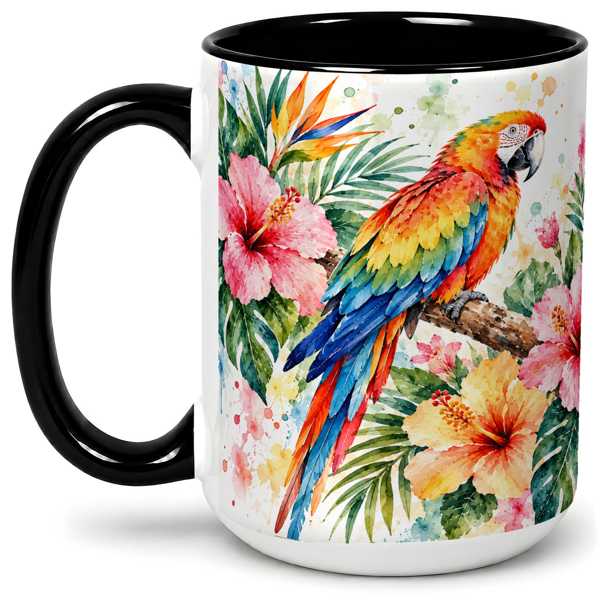 #pl[15oz|Black] Tropical Macaw Hibiscus Ceramic Mug for Bird Lovers