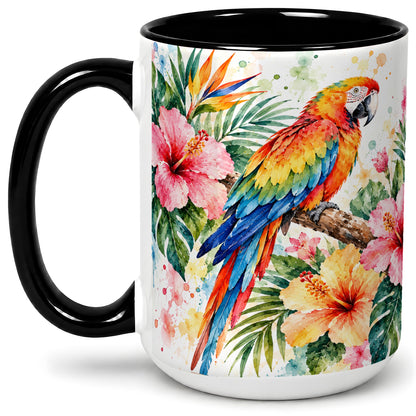 #pl[15oz|Black] Tropical Macaw Hibiscus Ceramic Mug for Bird Lovers