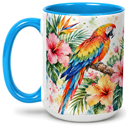 #pl[15oz|Blue] Tropical Macaw Hibiscus Ceramic Mug for Bird Lovers